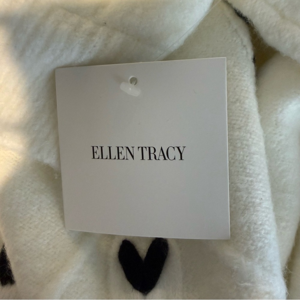ELLEN TRACY New Puff Short Sleeve White Black Heart Crop Knit Sweater Sz Large - Picture 10 of 11